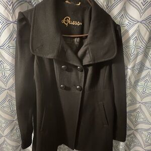 EUC Guess Women's Elegant Black Peacoat w/ Flared Fit and Button Detail CLASSIC!